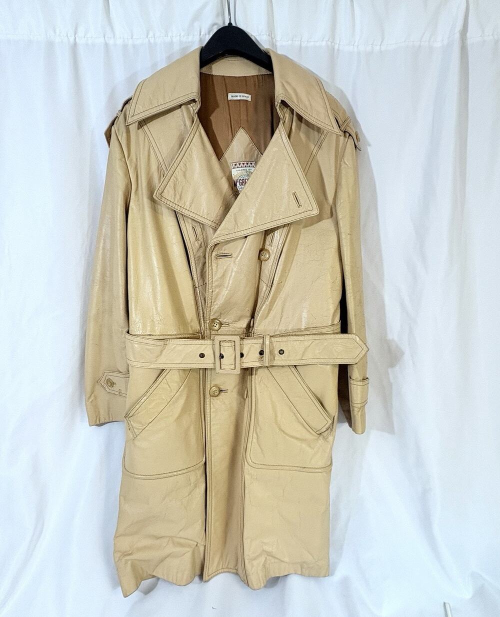Vtg 70s McGregor Tan Leather Trench Coat Belted Double Breasted Sz 38 Spain READ